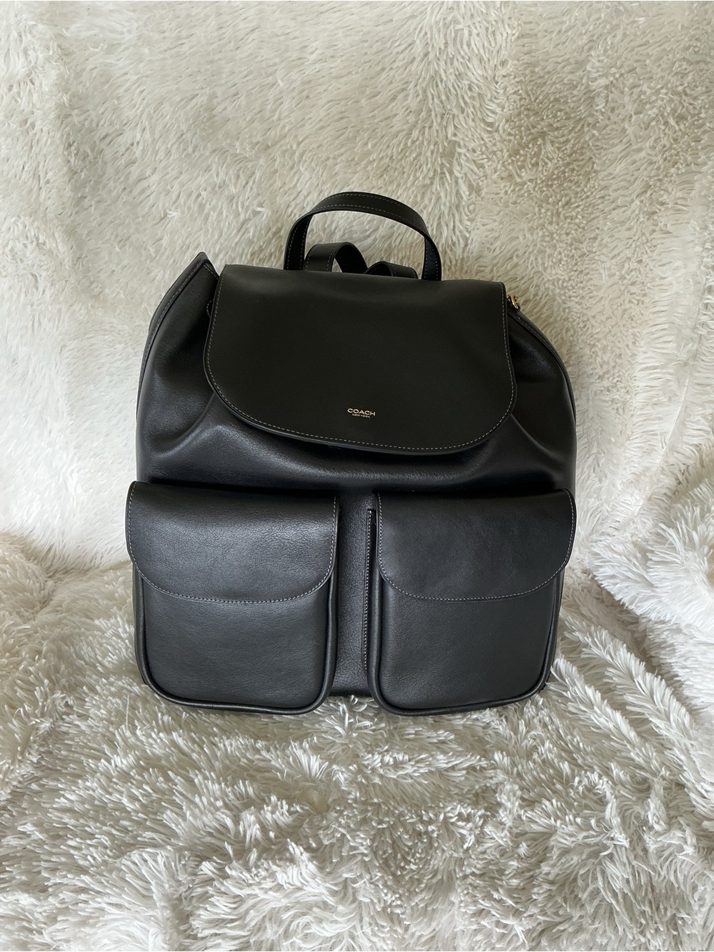 Coach Crosby Black Leather Backpack with Dual Front Pockets and Gold Logo - Picture 2 of 7